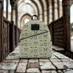 LOUNGEFLY Harry Potter Quidditch All Over Print Mini Backpack - Golden Snitch, Broomstick & Quaffle Pattern, Faux Leather Bag with Adjustable Straps