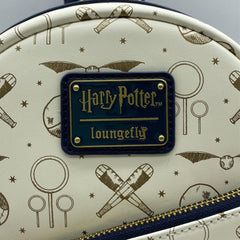 LOUNGEFLY Harry Potter Quidditch All Over Print Mini Backpack - Golden Snitch, Broomstick & Quaffle Pattern, Faux Leather Bag with Adjustable Straps