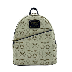 LOUNGEFLY Harry Potter Quidditch All Over Print Mini Backpack - Golden Snitch, Broomstick & Quaffle Pattern, Faux Leather Bag with Adjustable Straps