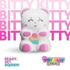 Taba Jelly Squishies Bitty Kitty - FuFu Squeeze Figure with Custom Decorations - Stretchy Sticky Novelty Collectible with Reusable Storage Pouch