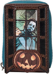 LOUNGEFLY Halloween Michael Myers Pumpkin Glow Accordion Zip Around Wallet
