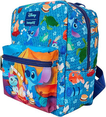 LOUNGEFLY Disney Stitch Camping Cuties All-Over Print Nylon Square Mini Backpack, Small