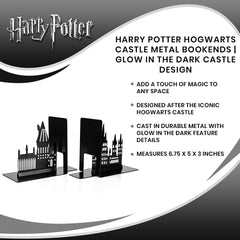 Harry Potter Hogwarts Castle Metal Bookends | Die Cut Metal Bookends with Hogwarts Castle Silhouette Glow in The Dark Design | Ideal for Harry Potter Book Collections