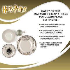 Harry Potter Marauder's Map Porcelain 4 Piece Place Setting - Includes 1 Dinner Plate, 1 Salad Plate, 1 Bowl and 1 Mug - Gold Marauders Map Design