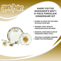Harry Potter Marauder's Map Porcelain 16-Piece Set - Includes 4 Dinner & 4 Salad Plates, 4 Bowls And 4 Mugs - Quality White Dishware With Elegant Golden Design - Makes Muggle & Wizard Meals Magical