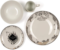 Harry Potter Marauder's Map Porcelain 4 Piece Place Setting - Includes 1 Dinner Plate, 1 Salad Plate, 1 Bowl and 1 Mug - Gold Marauders Map Design
