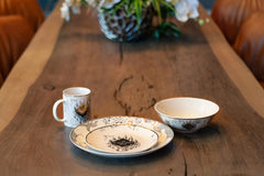 Harry Potter Marauder's Map Porcelain 4 Piece Place Setting - Includes 1 Dinner Plate, 1 Salad Plate, 1 Bowl and 1 Mug - Gold Marauders Map Design