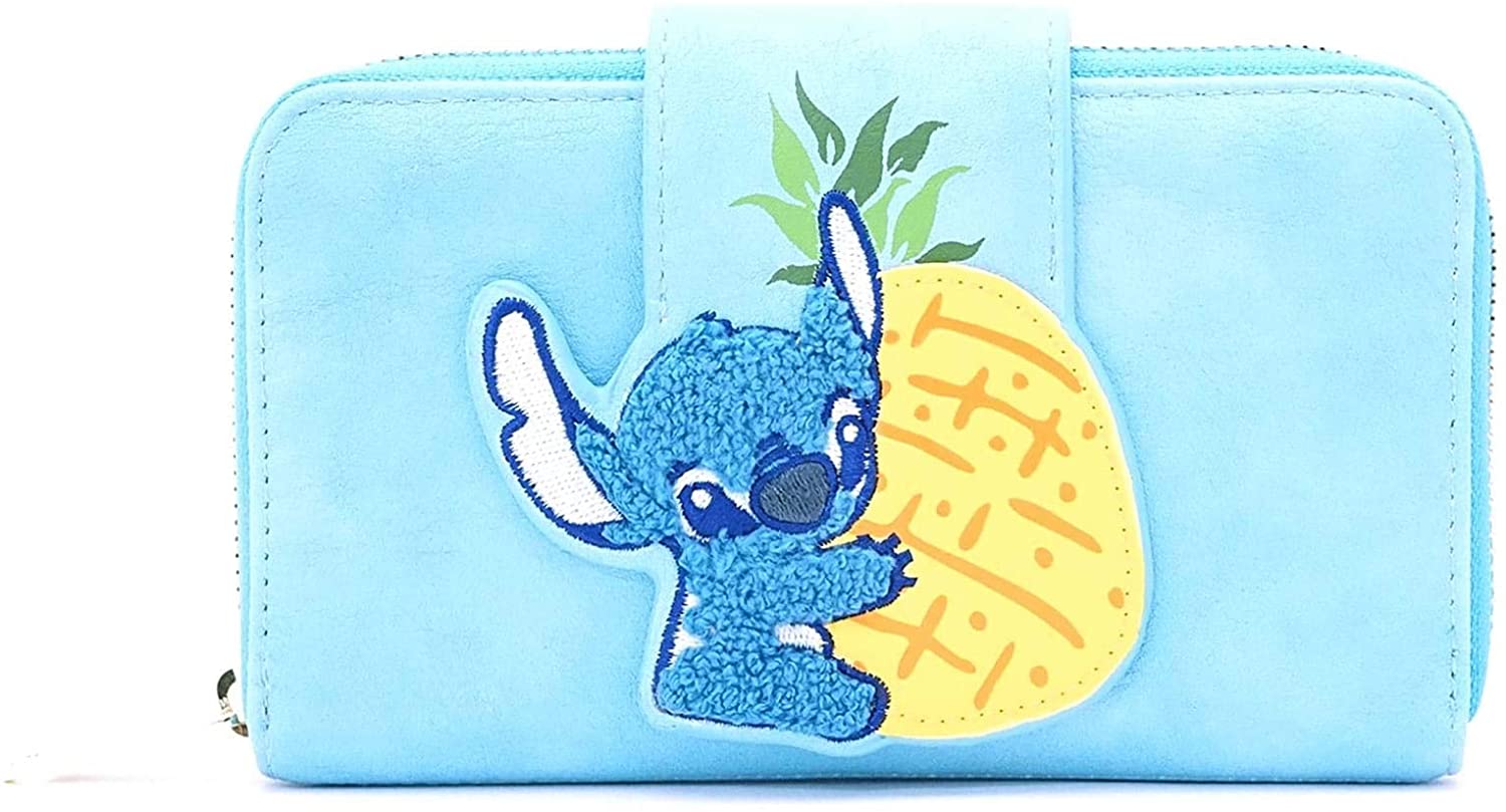 LOUNGEFLY Lilo and Stitch Pineapple Stitch Chenille Snap Wallet, Blue,  Standard