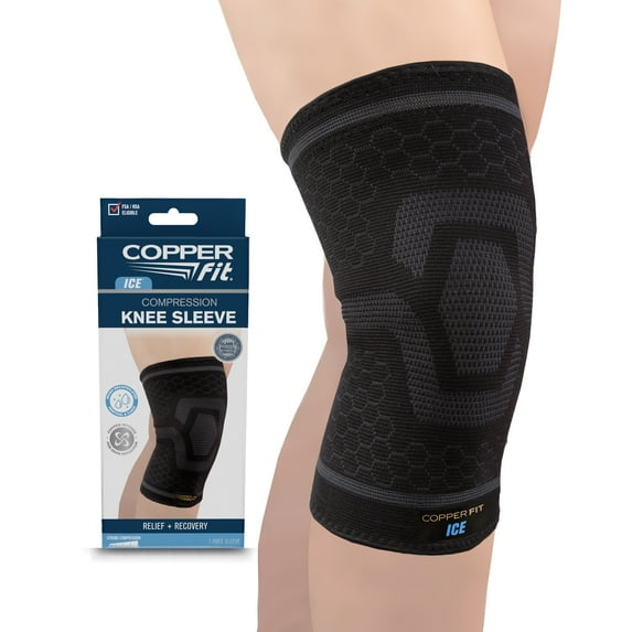 Copper Fit ICE Knee Compression Sleeve Infused with Menthol, Large/XL, Black, 1-Pack,