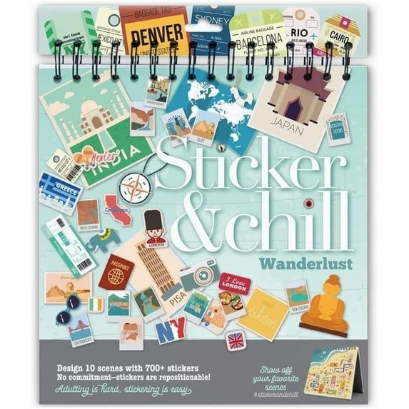 Sticker & Chill Sticker Book for Adults - 700+ Repositionable Colorful Clings Create Designs on 10 Spiral Bound Scene Pages - Easy, Fun & Stress Relieving Relaxation Activity - Wanderlust Series