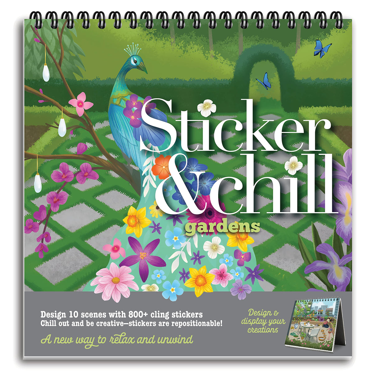 Sticker & Chill Sticker Book for Adults ? 800+ Repositionable Colorful Clings - Create Designs on 10 Spiral Bound Scene Pages - Easy, Fun & Stress Relieving Relaxation Activity- Gardens Series