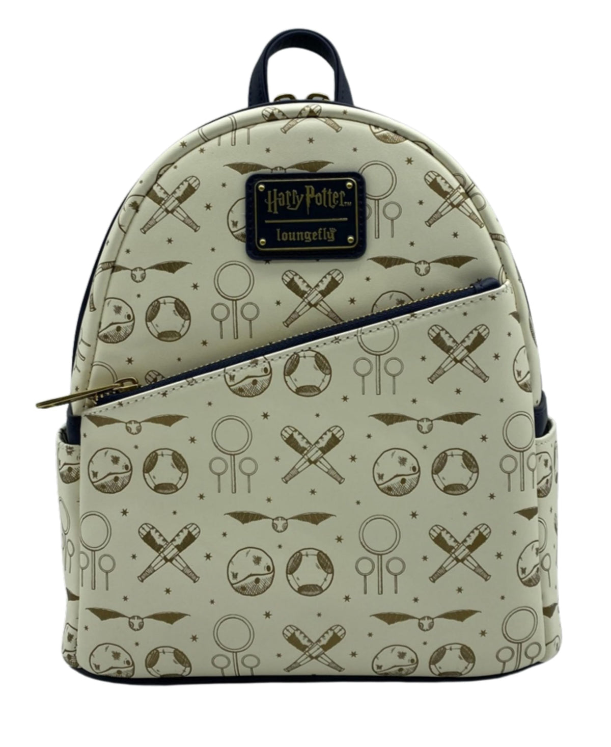 Loungefly Harry Potter Quidditch All Over Print Mini Backpack - Golden Snitch, Broomstick & Quaffle Pattern, Faux Leather Bag with Adjustable Straps