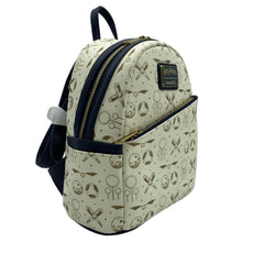 Loungefly Harry Potter Quidditch All Over Print Mini Backpack - Golden Snitch, Broomstick & Quaffle Pattern, Faux Leather Bag with Adjustable Straps