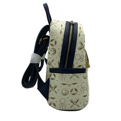 Loungefly Harry Potter Quidditch All Over Print Mini Backpack - Golden Snitch, Broomstick & Quaffle Pattern, Faux Leather Bag with Adjustable Straps