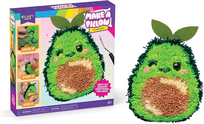 LatchKits Avocado Pillow - Latch Hook Kits for Kids, Arts and Crafts, Yarn Art, Kids Crafts, Toys for Girls, Birthday Gift for Girls, Easy to Follow Pattern, Hook Included, Craft Kits, Ages 6+