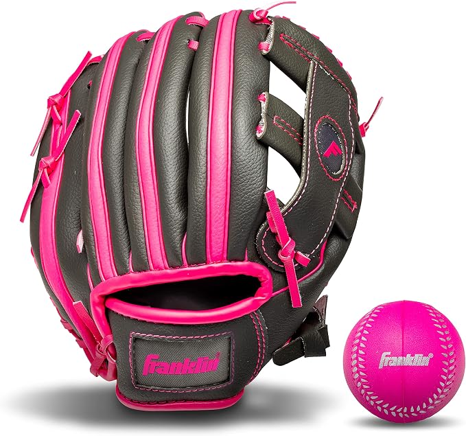 Franklin Sports RTP Teeball Performance Gloves & Ball Combo, Graphite/Pink, 9.5", Right Hand Throw