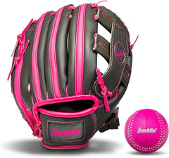 Franklin Sports RTP Teeball Performance Gloves & Ball Combo, Graphite/Pink, 9.5", Right Hand Throw