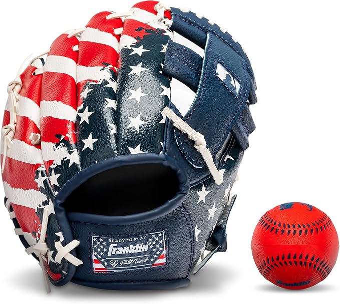 Franklin Sports Tee Ball Glove - Right Handed Youth Fielding Glove - MLB Synthetic Leather Baseball Glove - Ready to Play Glove (RTP) - 9.5 Inch Right Hand Throw - MLB USA with Ball