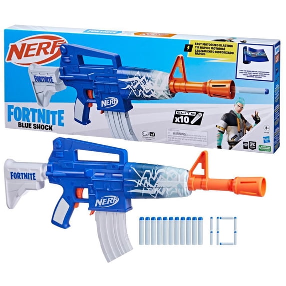 Nerf Fortnite Blue Shock Blaster, 10 Dart Clip, 10 Elite Nerf Darts, Motorized Dart Blaster