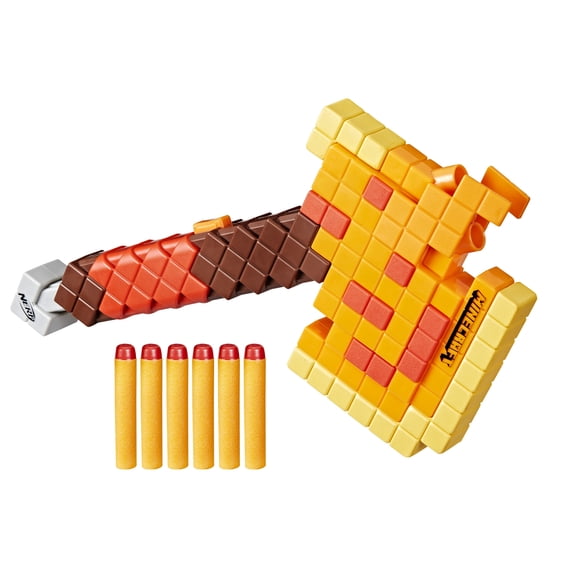 Nerf Minecraft Firebrand, Dart Blasting Axe, 6 Nerf Elite Foam Darts, Pull Down Priming, Medium