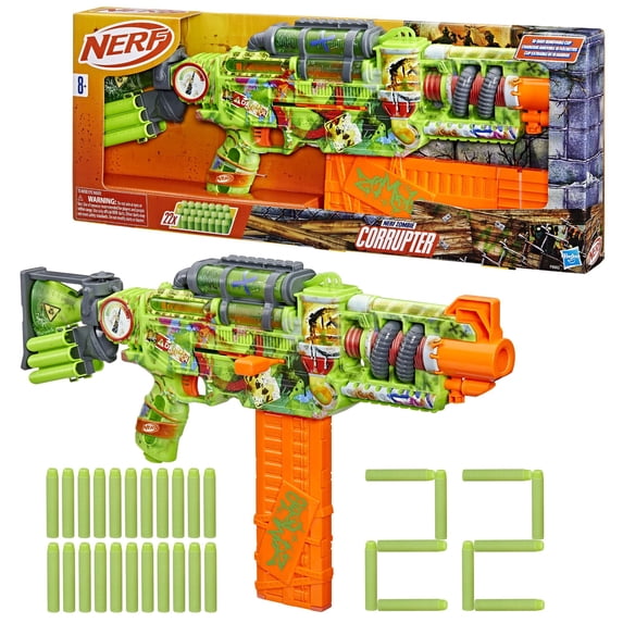 Nerf Zombie Corrupter Dart Blaster, 22 Nerf Elite Darts, 18 Dart Clip, Dart Storage, Ages 8+