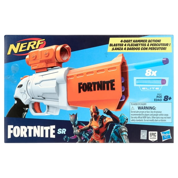 Nerf Fortnite SR Blaster, 4-Dart Hammer Action, with Scope and 8 Official Nerf Elite Darts