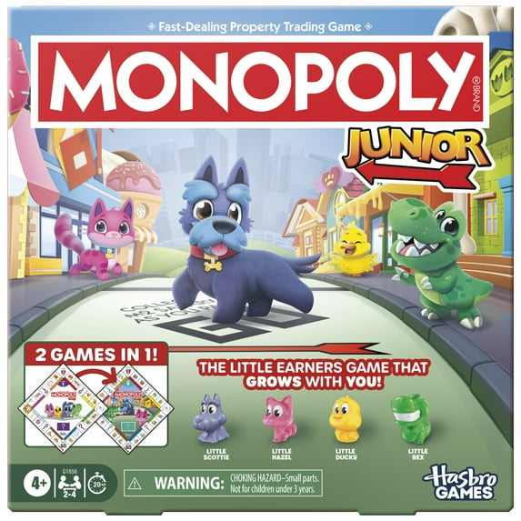 Monopoly Junior Board Game (2026 Edition), 2 Games in 1 for Younger Kids, 2-Sided Board, Ages 4+