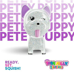 Taba Jelly Squishies Petey Puppy - FuFu Squeeze Figure with Custom Decorations - Stretchy Sticky Novelty Collectible with Reusable Storage Pouch