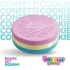 Taba Jelly Squishies Confetti Cookie - FuFu Squeeze Figure with Custom Decorations - Stretchy Sticky Novelty Collectible with Reusable Storage Pouch