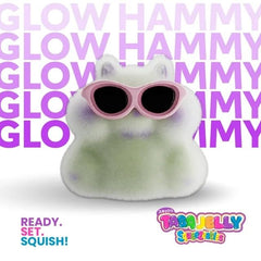 Taba Jelly Squishies Glow Hammy - FuFu Squeeze Figure with Custom Decorations - Stretchy Sticky Novelty Collectible with Reusable Storage Pouch