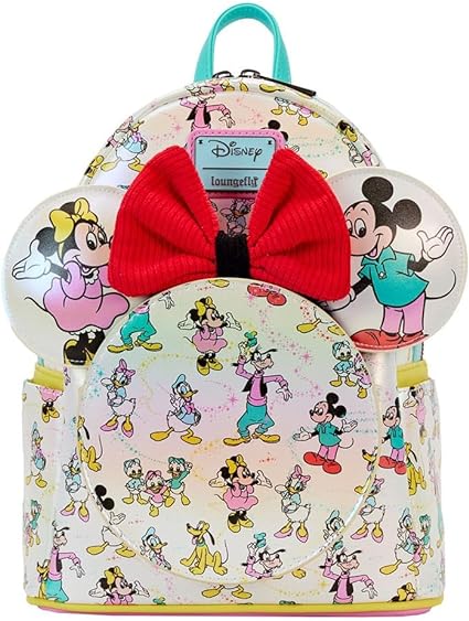 LOUNGEFLY Disney100 Mickey and Friends All Over Print Iridescent With Ear Headband Double Strap Shoulder Bag