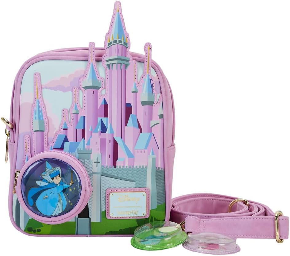 LOUNGEFLY Sleeping Beauty Castle Three Good Fairies Stained Glass Crossbody Bag