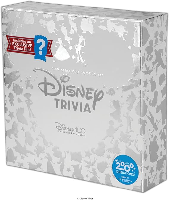PlayMonster The Magical World of Disney Trivia: 100 Years of Wonder Trivia Board Game Cards for Children with Disney + Pixar Art, Exclusive Pin, for Kids Ages 6+