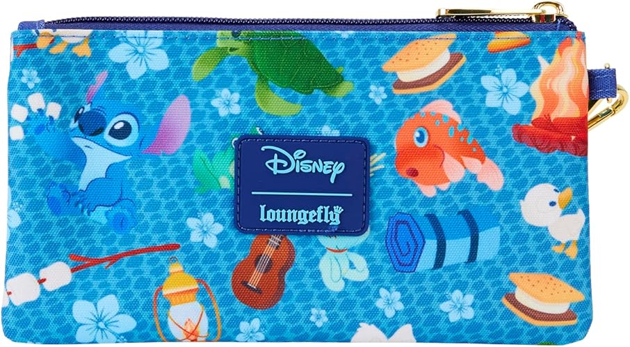 LOUNGEFLY Disney Stitch Camping Cuties All-Over Print Nylon Zipper Pouch Wristlet