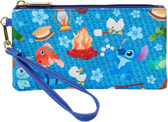 LOUNGEFLY Disney Stitch Camping Cuties All-Over Print Nylon Zipper Pouch Wristlet