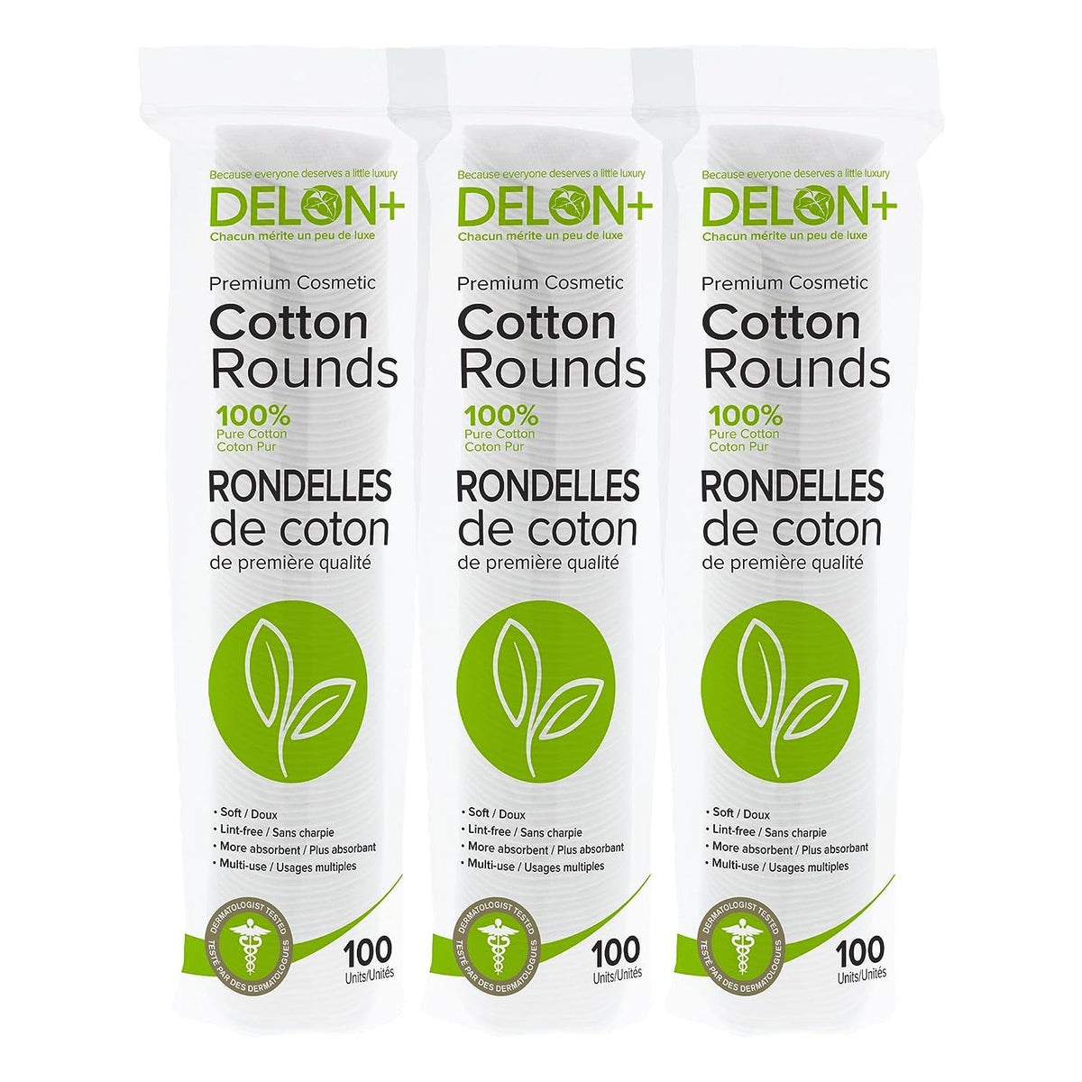 Delon Premium Cotton Rounds - 100% Hypoallergenic, Lint-Free, 2-Sided Makeup & Nail Polish Remover Pads, 100 Count - Choose Your Pack