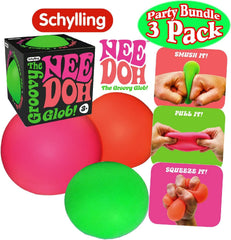 Schylling NeeDoh The Groovy Glob! Squishy, Squeezy, Stretchy Stress Balls Green, Orange & Pink Complete Gift Set Party Bundle - 3 Pack