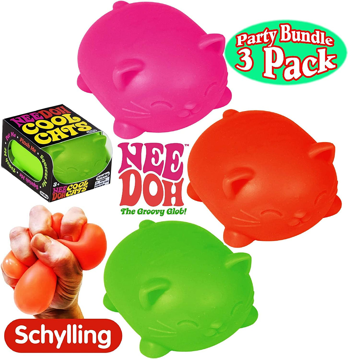 Schylling NeeDoh Cool Cats The Groovy Glob! Squishy, Squeezy, Stretchy Stress Balls ASSORTED COLORS - 3 Pack