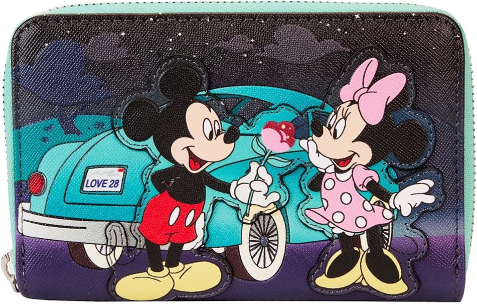LOUNGEFLY Disney Mickey and Minnie Date Night Drive-In Faux Leather Zip Around Wallet