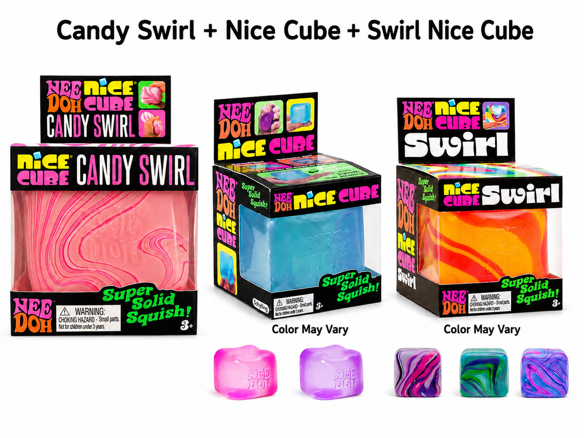 Schylling NeeDoh Nice Cube Variety 3-Pack – Candy Swirl, Original Nice Cube & Swirl Nice Cube – Super Solid Sensory Squish Toys, Colors & Swirl Patterns May Vary, Ages 3+