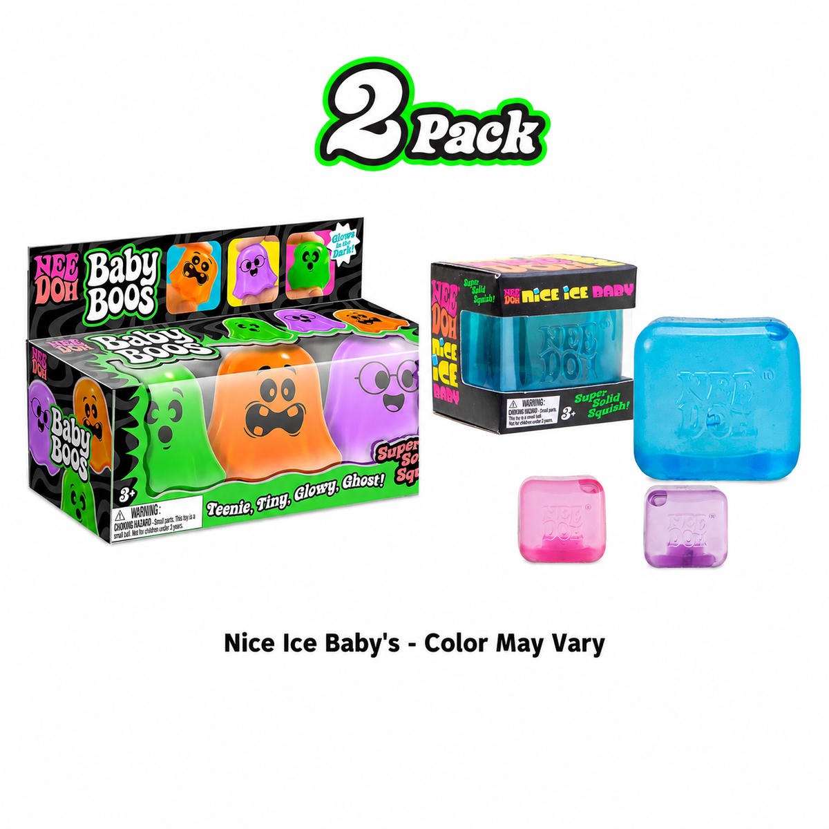 Schylling Needoh NeeDohween Baby Boos Glow in the Dark  & Nice Ice Baby Squishy TEENIE Combo – Glow in the Dark Ghosts & Super Solid Squish, Nice Ice Baby Color May Vary