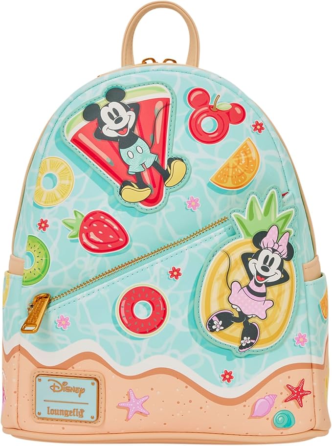 LOUNGEFLY Disney: Mickey and Minnie - Adjustable Shoulder Straps - Beach Fun Mini Backpack - Great for Kids & Adults - Collectible Bags