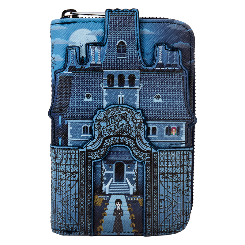 LOUNGEFLY THE ADDAMS FAMILY Wednesday Nevermore Academy Castle Zip Around Wallet