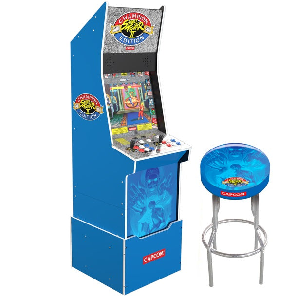 Capcom Street Fighter II Big Blue Arcade with Riser and Exclusive Stool Bundle, Arcade1Up