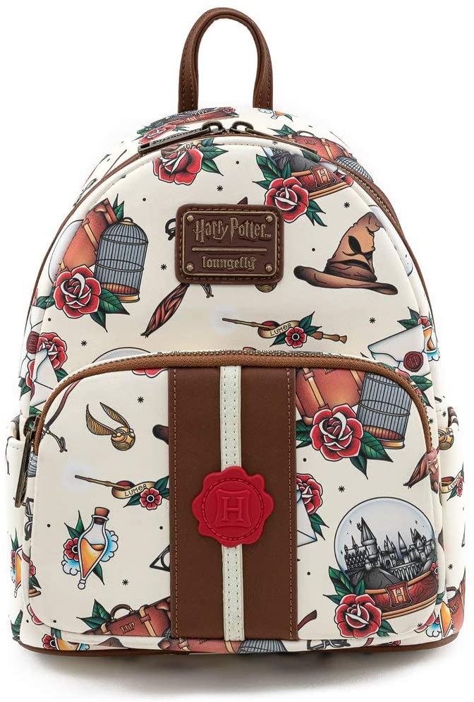 LOUNGEFLY Harry Potter Tattoo Art Cream Color Womens Double Strap Shoulder Bag Purse