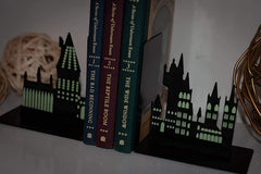 Harry Potter Hogwarts Castle Metal Bookends | Die Cut Metal Bookends with Hogwarts Castle Silhouette Glow in The Dark Design | Ideal for Harry Potter Book Collections
