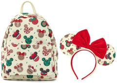 LOUNGEFLY Disney Christmas Mickey and Minnie Cookie Adult Womens Double Strap Shoulder Bag Purse with Ears Headband