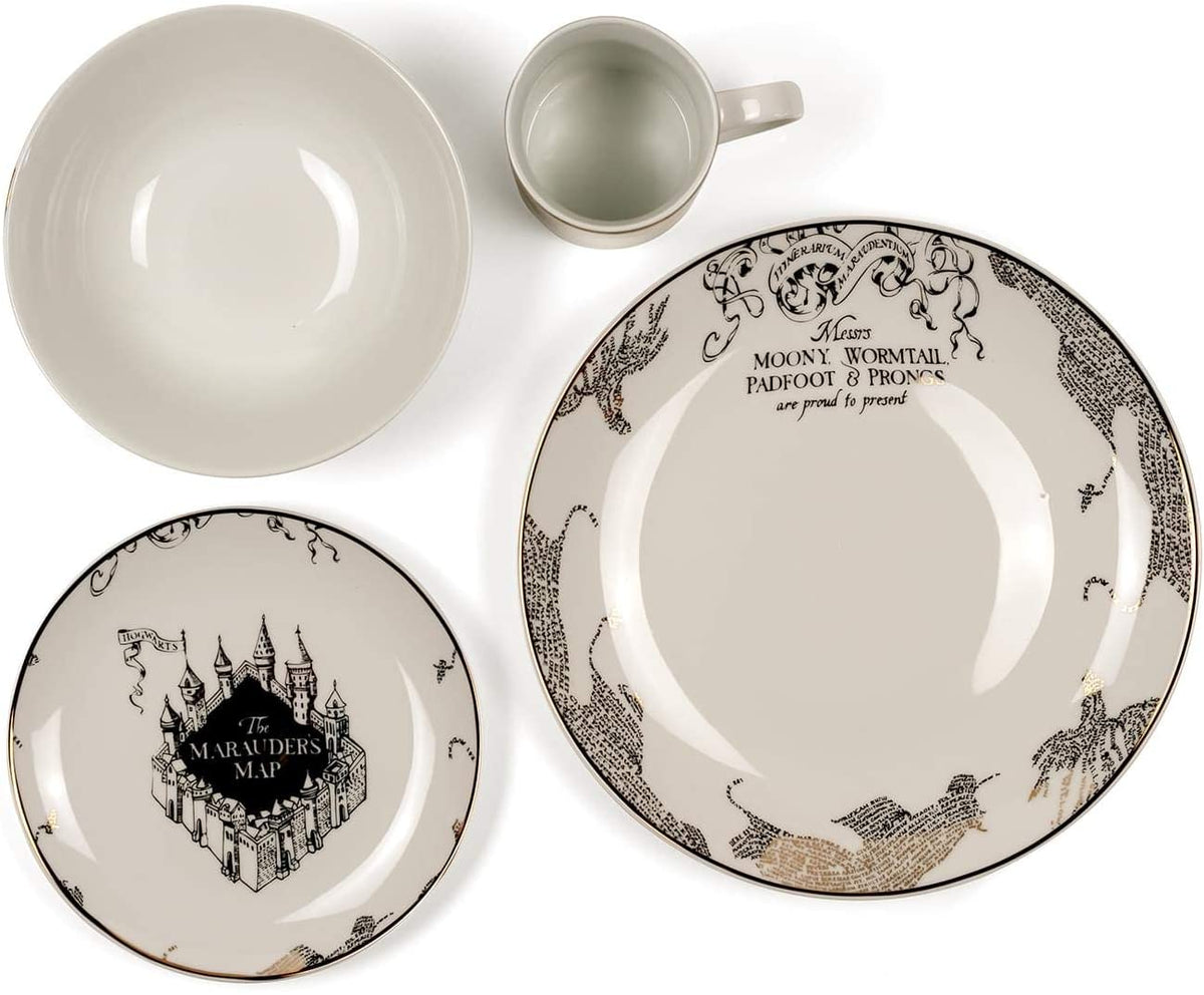 Harry Potter Marauder's Map Porcelain 4 Piece Place Setting - Includes 1 Dinner Plate, 1 Salad Plate, 1 Bowl and 1 Mug - Gold Marauders Map Design