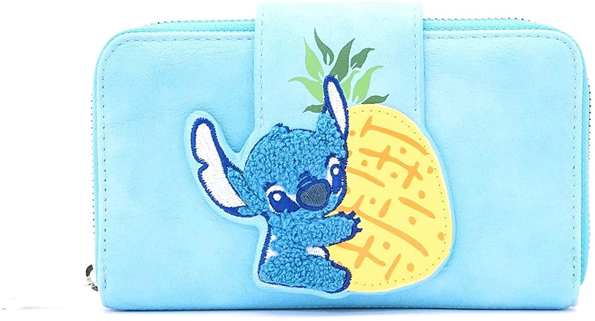 LOUNGEFLY Lilo and Stitch Pineapple Stitch Chenille Snap Wallet, Blue, Standard
