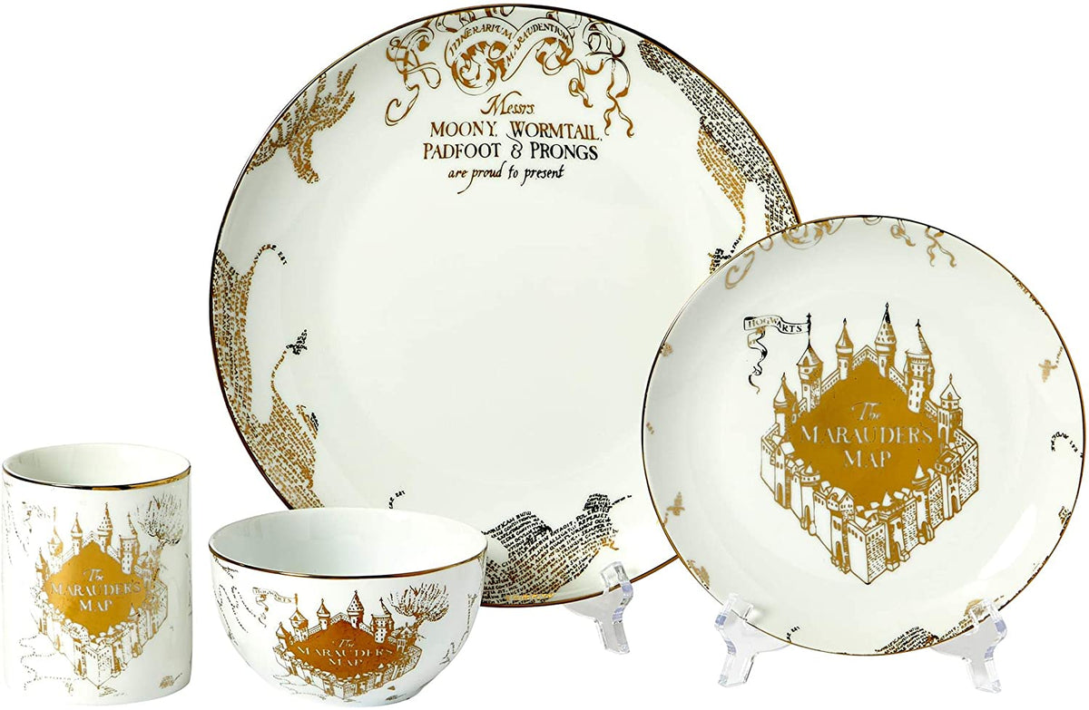 Harry Potter Marauder's Map Porcelain 16-Piece Set - Includes 4 Dinner & 4 Salad Plates, 4 Bowls And 4 Mugs - Quality White Dishware With Elegant Golden Design - Makes Muggle & Wizard Meals Magical